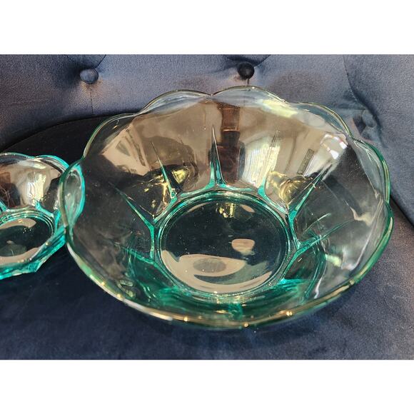 Aqua Teal Pressed Glass Console Berry and Bowl Set Scalloped Edge Starburst Base - Picture 3 of 10